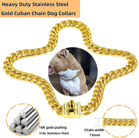 Heavy Duty Cuban Link Chain Dog Collars - 15MM Gold/Silver Stainless Steel Metal Training Collars for Large Medium