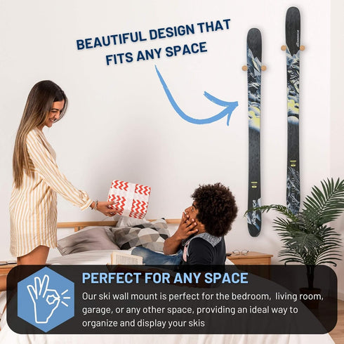 Hang 11' Ski Wall Mount, Hardwood Ski Holders, Vertical Ski Storage Rack, Ski Holder Wall Mount for Garage