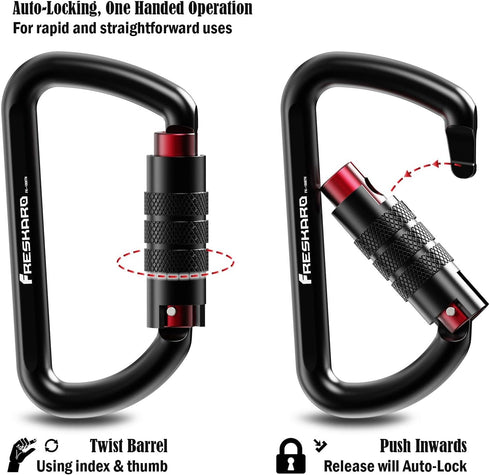 FresKaro 3inch 12kN-2698lbs Auto Locking Carabiner Clips, Heavy Duty 7075 Aluminum, Lightweight for Hammock Hiking