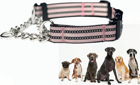 Martingale Collars for Dogs: Heavy Duty Stainless Steel Chain Training Collar, Adjustable Reflective Nylon (Pink, S)