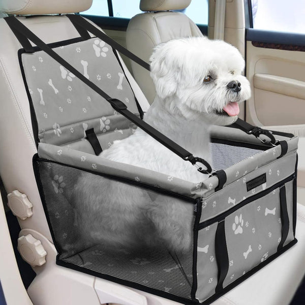 PetsHome Dog Car Seat, Foldable Booster Seat, Waterproof Oxford Travel Bag for Small to Medium Dogs, Pattern Grey