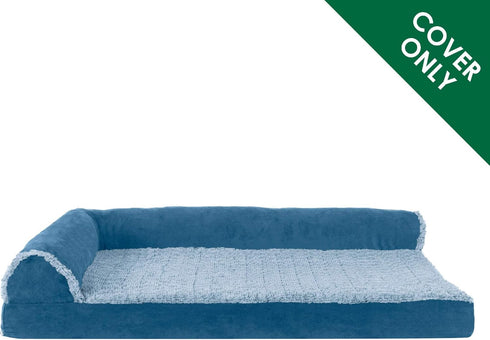 Furhaven Two-Tone Faux Fur & Suede L Shaped Chaise Replacement Dog Bed Cover, Jumbo Plus (XX-Large) - Marine Blue,