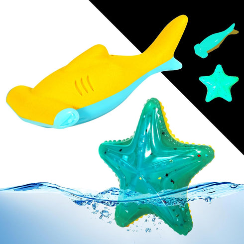 Dog Toy Floating Luminous - Squeaky Glow in The Dark Toy for Large Dogs (Kit Large Shark + Large Starfish).