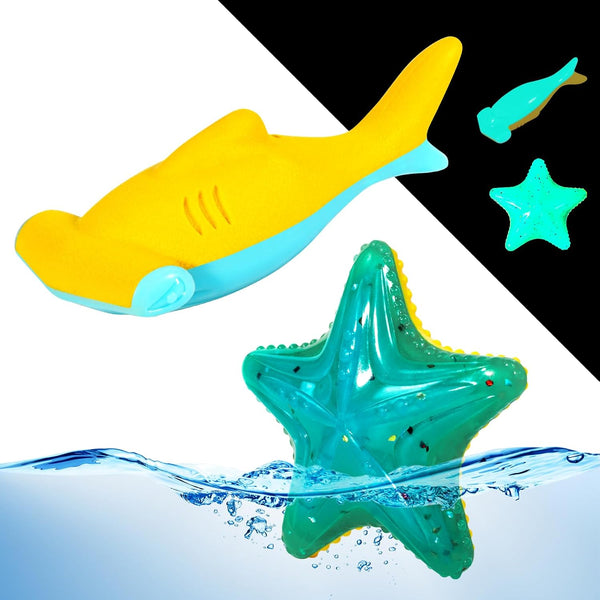 Dog Toy Floating Luminous - Squeaky Glow in The Dark Toy for Large Dogs (Kit Large Shark + Large Starfish).