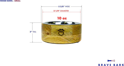 Brave Bark GF Pet Mango Wood Dog Bowl - Removable Stainless Steel Inserts, Dishwasher Safe, Food or Water Bowl for Dog, Cat, or Pet of Any Size, Stylish Design for Home or Office (SMALL)