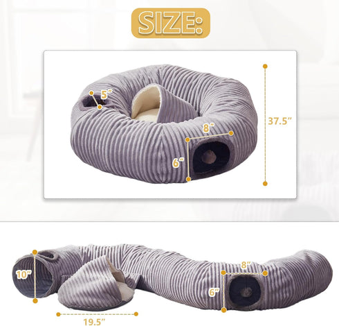 Cat Tunnel Bed for Indoor Cats - Cute Cat Donut Tunnel with Washable Circle Cushion and Blackout Tent Round Pet Play