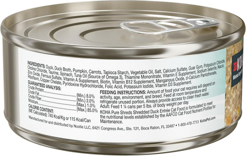 KOHA Pure Shreds Duck Entrée for Cats, Single Meat High Protein Wet Cat Food, 5.5oz Cans (Pack of 12)