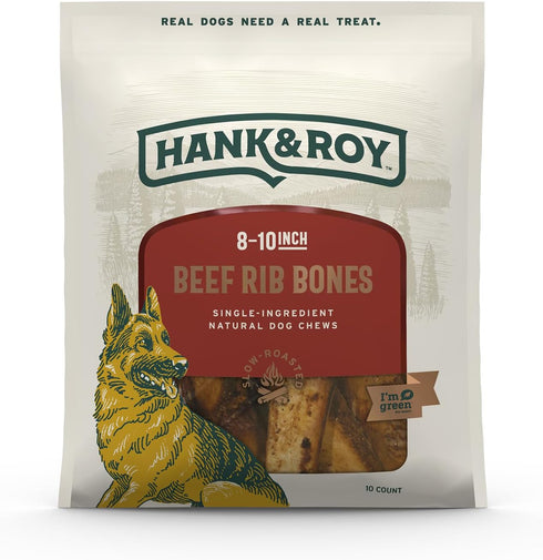 Hank & Roy Beef Rib Bones, 8-10" - 10 Pack, All-Natural, Long-Lasting Chews for Aggressive Chewers