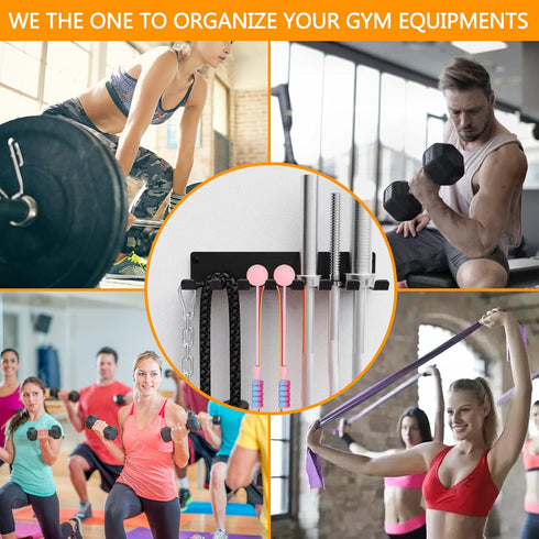 Gym Rack Organizer - Wall Mount Hooks for Olympic Barbells, Row Handles, Bats, Tools (E-Book Instruction Included)