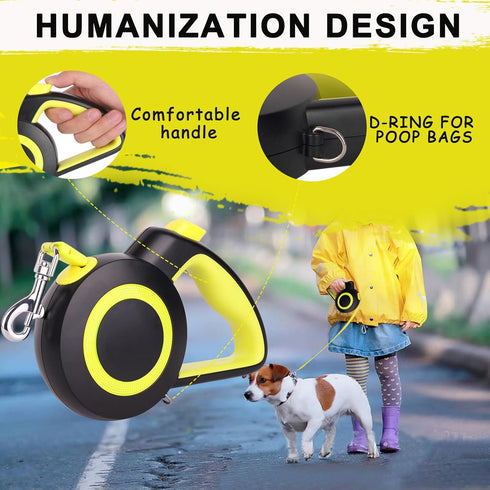 16Ft Retractable Dog Leash Lightweight Leash for Small Medium Dogs/Cats Up to 44lbs,One-Handed Brake,Stainless Steel Spring,Featuring Reflective.(Black-yellow)