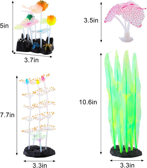 4 pcs Glow Aquarium Decoration Plants Kit, Glowing Fish Tank Decorations, Coral Plant Ornaments, Lotus Kelp, Anemone