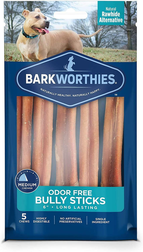 Barkworthies Odor Free Bully Sticks - 2 Pack (5 ct 6 inch), Premium Long Lasting, Grain Free Dog Treats for Chewers