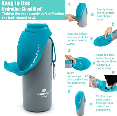 27 oz LumoLeaf Insulated Dog Water Bottle Stainless Steel - Keep Water Cool or Warm, Portable Pet Water Bowl