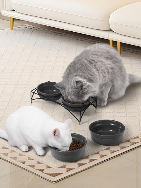 Y YHY Dog & Cat Food Bowls, 12OZ Ceramic Elevated Pet Bowls with Sturdy Metal Stand, Grey