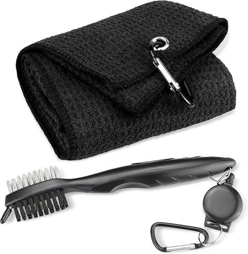 Golf Towel Clean Set - 16" x 24" Microfiber Waffle Pattern Tri-fold Towel with Brush Tool Kit for Men and Women