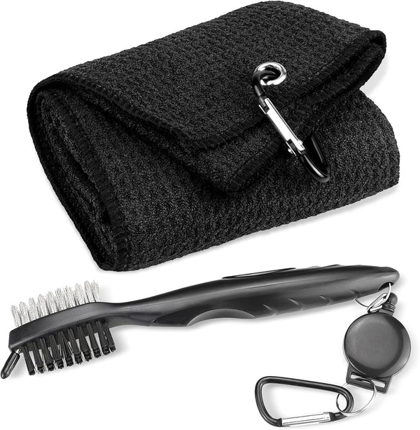Golf Towel Clean Set - 16" x 24" Microfiber Waffle Pattern Tri-fold Towel with Brush Tool Kit for Men and Women