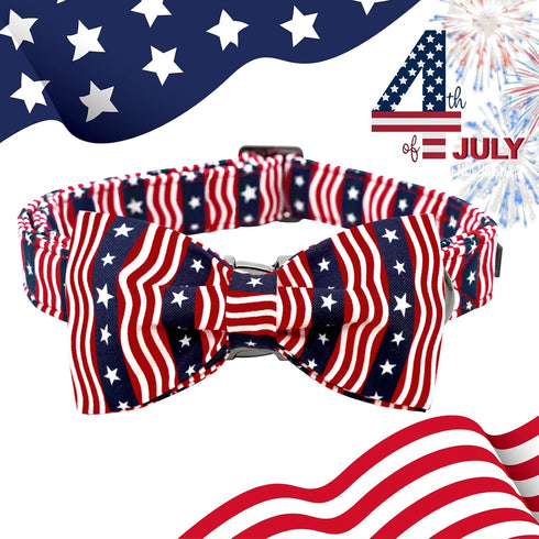 Lionheart Glory American Flag Dog Collar, 4th of July Heavy Duty Adjustable Patriotic Bowtie Collar for Small Dogs Pet