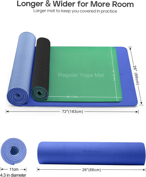 Heathyoga Eco Friendly Non Slip Yoga Mat - Body Alignment System, SGS Certified TPE Material, 72"x 26"