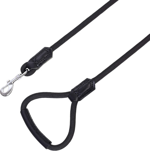 Mile High Life Premium Leather Dog Leash, Strong Rope Leash, Leather Handle, Zinc Alloy Clasp, 72 Inch (Black, Pack of