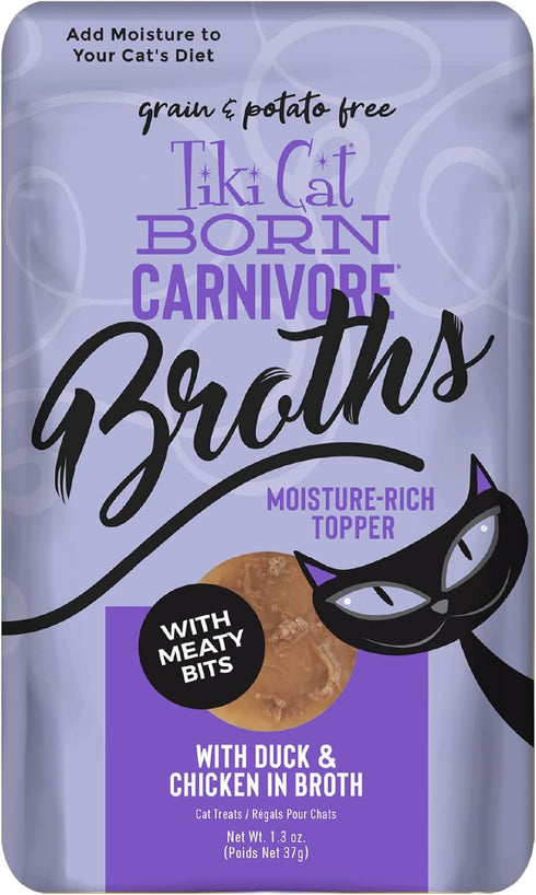 Tiki Cat Born Carnivore Broths, Duck & Chicken Recipe, Cat Food Topper, 1.3 oz. Pouch (Pack of 12)