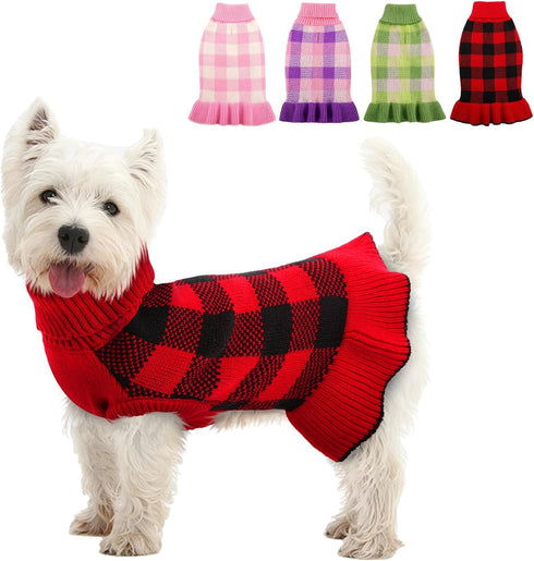 Dog Sweater Dress, Plaid Knitwear for Small Medium Dogs, Warm Turtleneck Pullover with Leash Hole for Christmas (Red,