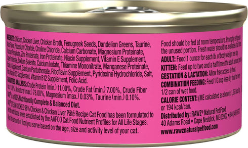Rawz Natural Premium Pate Canned Cat Wet Food - Real Meat Ingredients, No BPA or Gums - 3 oz Cans, Case Pack of 18