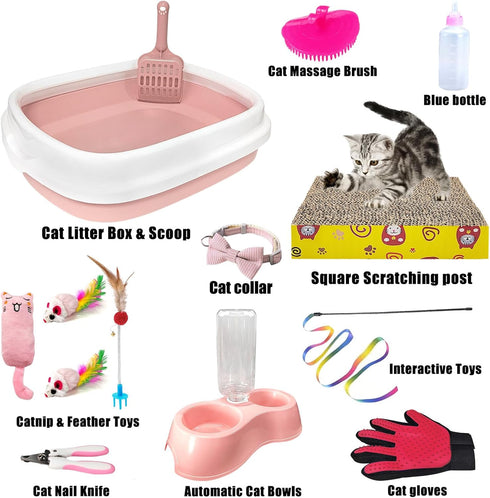 Hlimior 15-Piece Set Kitten Starter Kit, Cat Essentials Includes Litter Box, Toys, Collars, Scratch Pad, Nail File