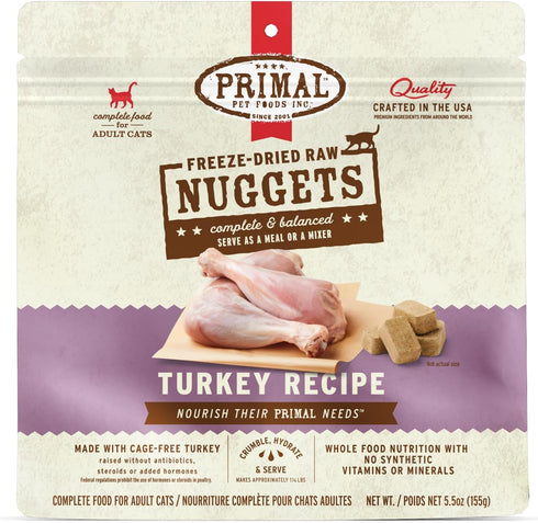 Primal Freeze Dried Raw Cat Food Nuggets, Turkey, Healthy, Grain Free, High Protein, 5.5 oz