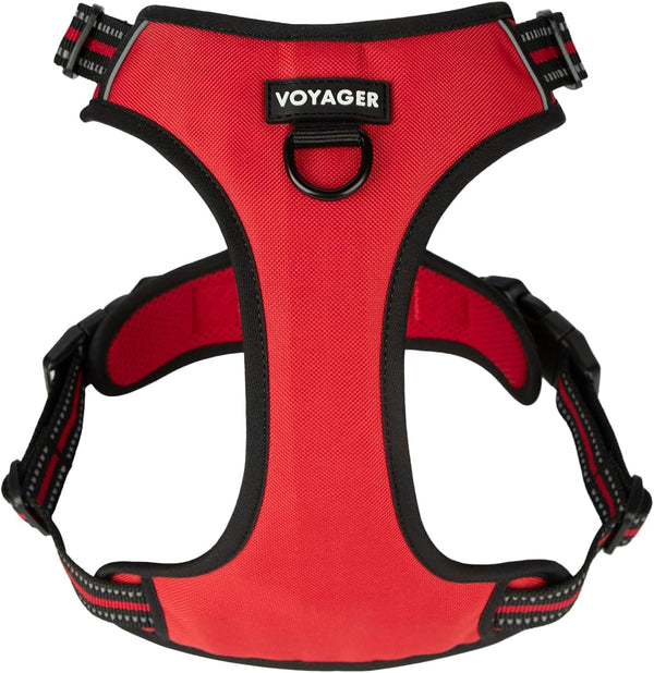 Voyager No Pull Dog Harness for Large Dogs, Adjustable Soft Pet Harness with Dual Leash Attachments, Red Lattice Nylon,