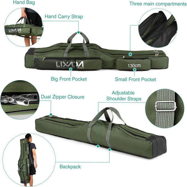 LIXADA Fishing Rod Case, 3 Layers Oxford Bag, Portable Foldable Fishing Pole Carrier & Tackle Storage for Travel
