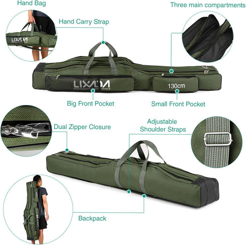 LIXADA Fishing Rod Case, 3 Layers Oxford Bag, Portable Foldable Fishing Pole Carrier for Tackle Storage