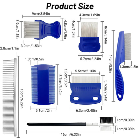 IKKAB 7 Pack Set Flea Comb for Cats and Dogs, Stainless Steel & Plastic Pet Grooming Combs with Dog Eye Comb & Tear