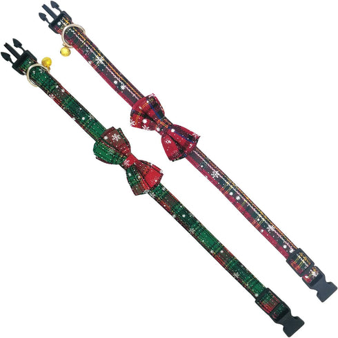 KUDES 2 Pack Christmas Snowflake Dog Collars, Breakaway with Bow Tie and Bells for Small/Medium/Large Pets, Red & Green