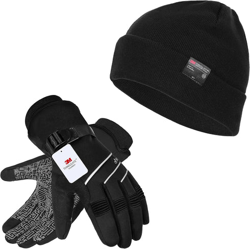 MOREOK 3M Thinsulate Winter Gloves MK020F One Pair (Black-Large) and Unisex Winter Beanie Hats