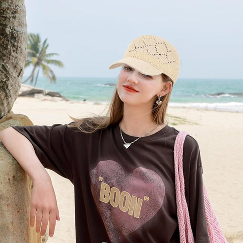 Stylish Summer Beach Cap Women Men Straw Baseball Cap Woven Visor Sunhat Casual Travel Cap