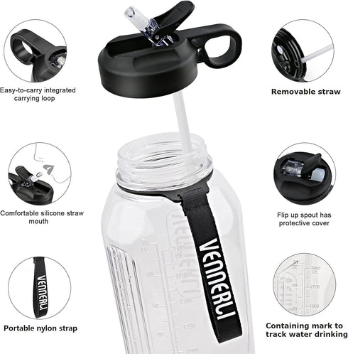 Large Water Bottle with Straw, VENNERLI Portable Sports Water Bottle 2.2L BPA-Free for Hiking and Camping