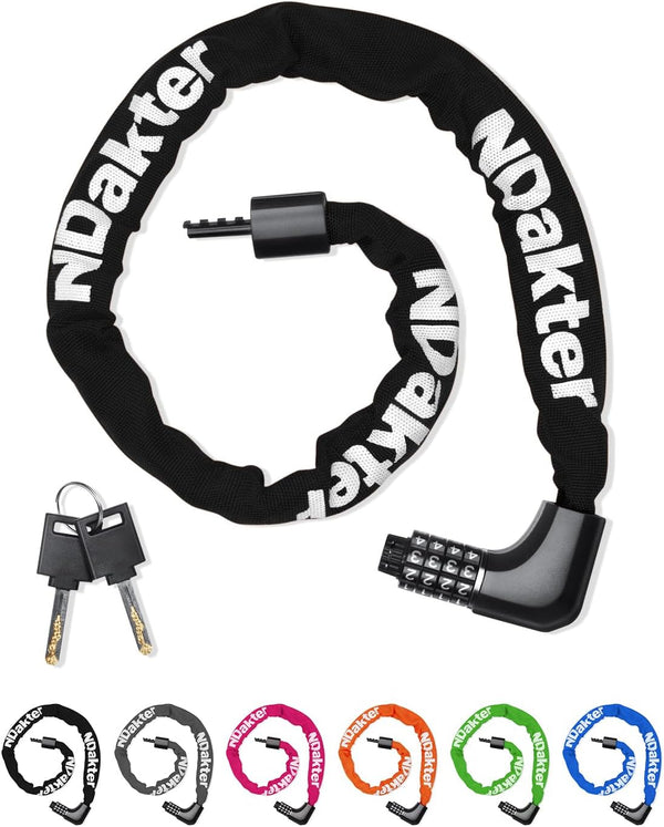 NDakter Bike Lock, Chain Lock with 2 Ways to Unlock, 4 Digit Combination Heavy Duty Anti-Theft Bicycle Lock