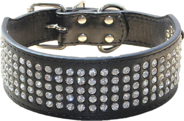 2 Inches Wide Leather Rhinestone Crystal Diamante Jeweled Dog Collar Chain Leash Set for Pitbull, Bulldog, Doberman