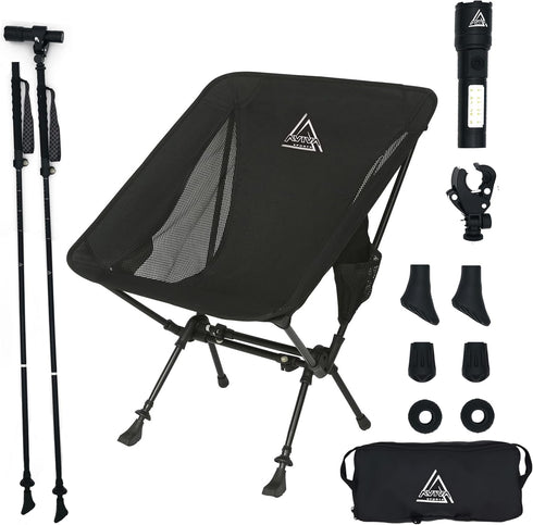 AVIVA Sports 3-in-1 Camping Chair, Trekking Poles & Mounted Flashlight All-in-One Backpacking Kit Small