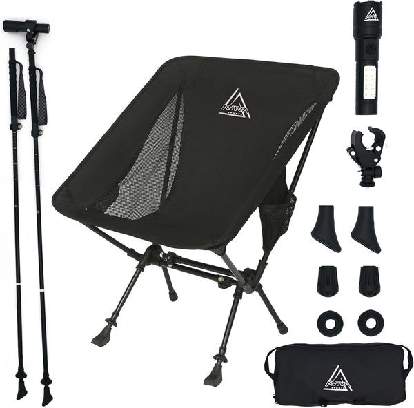 AVIVA Sports 3-in-1 Camping Chair, Trekking Poles & Mounted Flashlight All-in-One Backpacking Kit Small