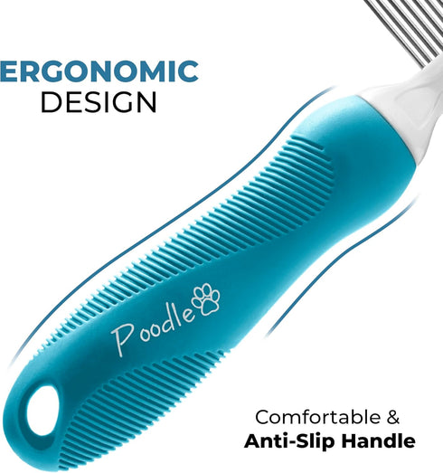 Poodle Grooming Comb - Metal Dematting Comb with Long & Short Stainless Steel Teeth for Gentle Removal of Matted Hair