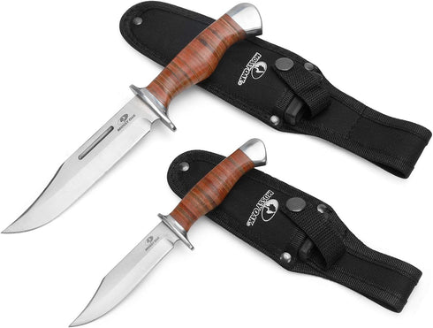 Mossy Oak 2-piece Bowie Knife, Fixed Blade Hunting Knife with Leather Handle