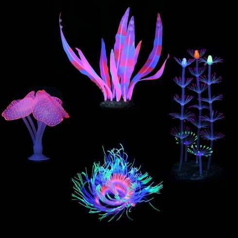 Glowing Fish Tank Decorations Plants, 4 pcs Glow Aquarium Decorations, Glowing Mushroom Coral Plant Ornaments (Pink coral, Green anemone, Purple feather coral,Pink kelp)