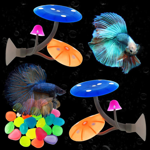 2Pcs Betta Fish Mushroom Hammock with 30 Luminous Stones, Soft Silicone Aquarium Rest Bed