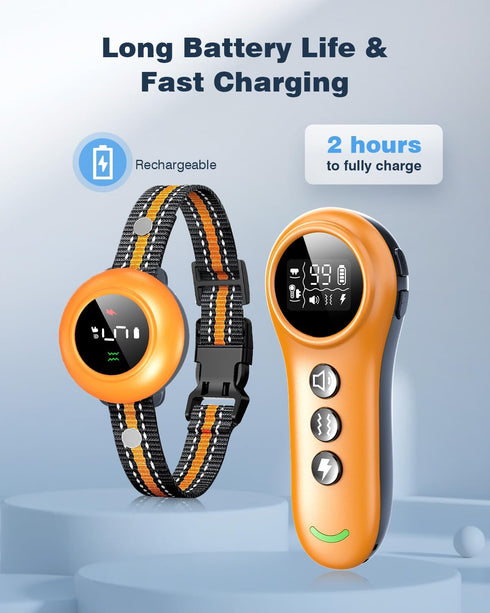 2-in-1 Smart Dog Shock Collar & Bark Collar with 3300FT Remote, IP67 Waterproof (Orange)