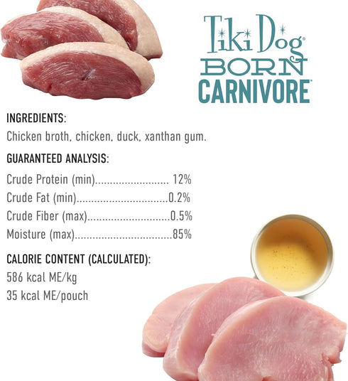 Tiki Dog Born Carnivore Protein Booster Dog Food Topper, Chicken and Duck Recipe, 2.1 oz. Pouch (12 Count)