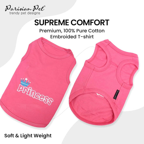 Parisian Pet Dog T-Shirt - Pink Sleeveless Vest with 'Princess' Embroidery - Machine Washable for Small Dogs - S