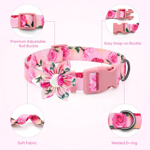 Floral Girl Dog Collar - Pink Dog Collar with Rose Flower Bow Tie for Small, Medium, Large Dogs