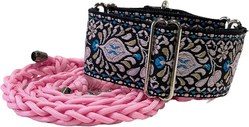 Martingale Dog Collar and Leash Set 2" Wide for Greyhound Saluki Whippet and Similar Breeds (M 11”-14”)