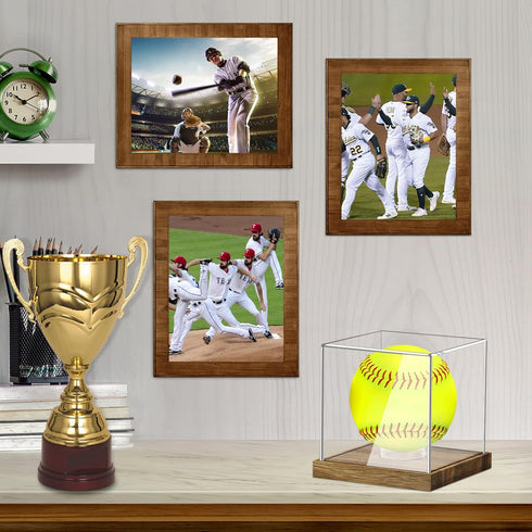 Clear Acrylic Softball Display Case with Wood Base, Memorabilia Stand Cube Holder, Dust Protection Transparent Storage